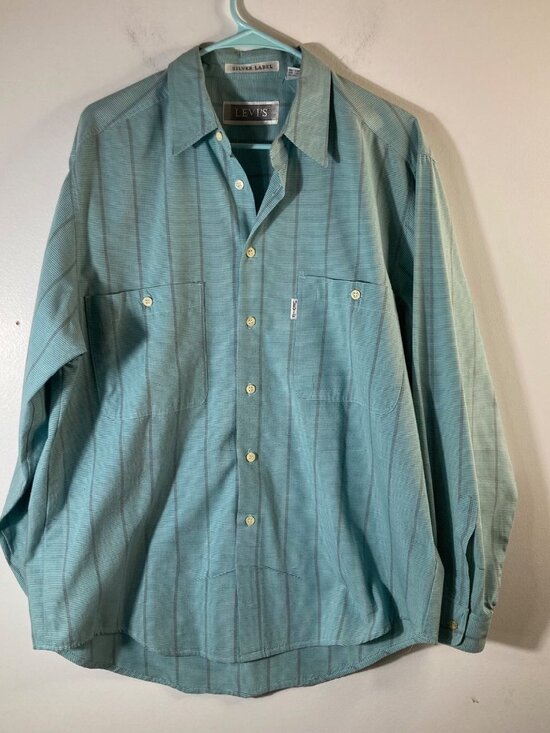 Levis Other - Mens Vintage Levis Big E Silver Label Button Striped Shirt Blue Gray L Polyester